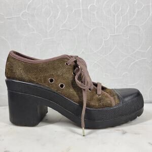 No Parking Oxford Heels Womens 8.5 Green Suede Lace up Utility Chunky Platform